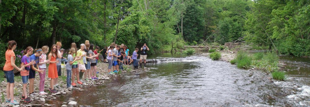 Children line up along the creek