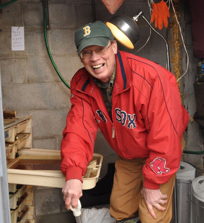 Jim picking eggs